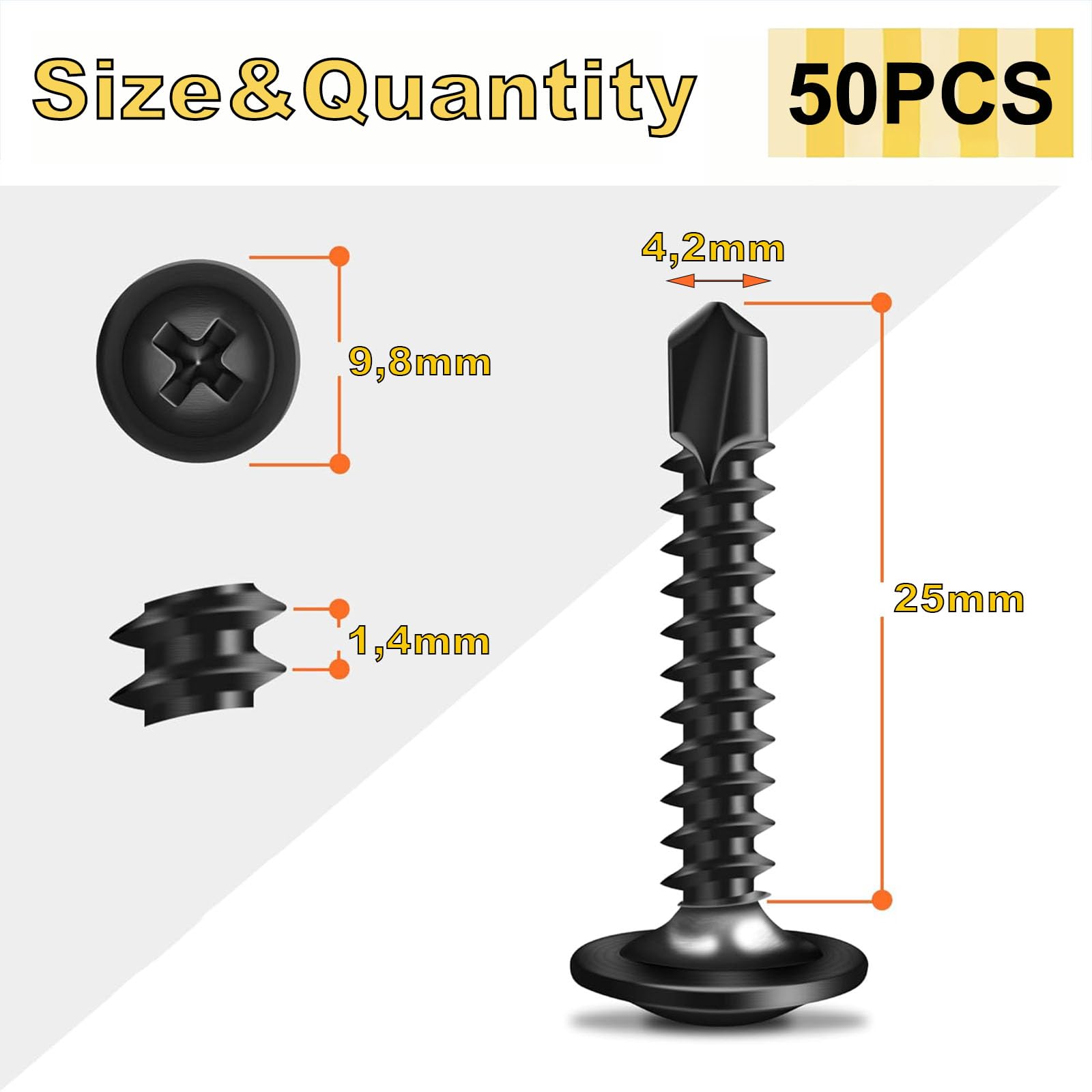 Wavanta 50Pcs Self Tapping Screws, M4.2 x 25mm Wafer Head Self Drilling Screws for Metal Stainless Steel Self Tapping Screw - Image 2