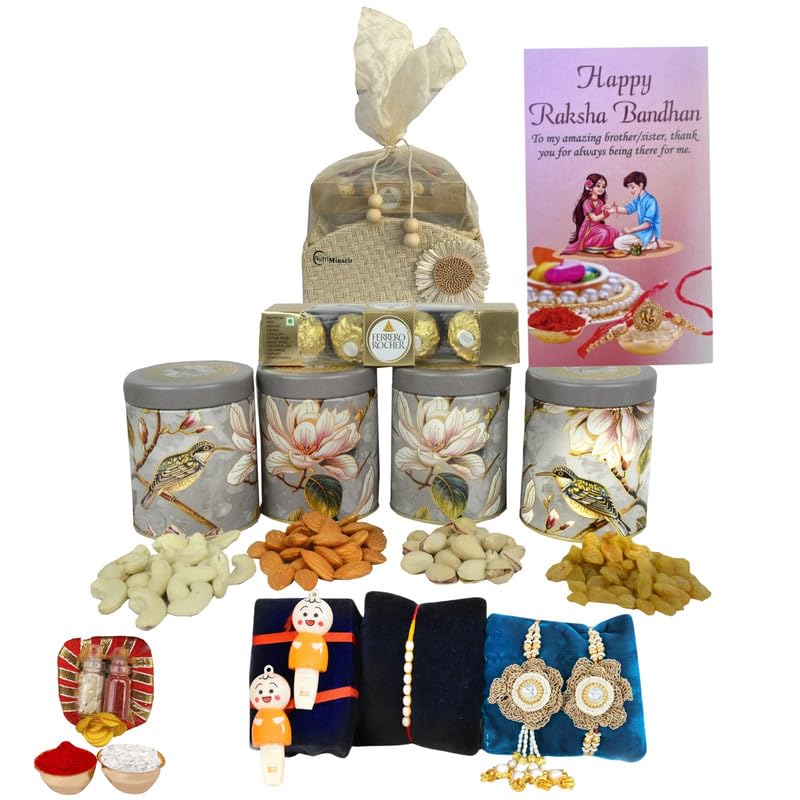 Image of NUTRI MIRACLE Rakhi Dry Fruits Gift Set to Celebrate Sibling Bonding | Anniversary Gifting Basket with Crunchy Nuts and Chocolates