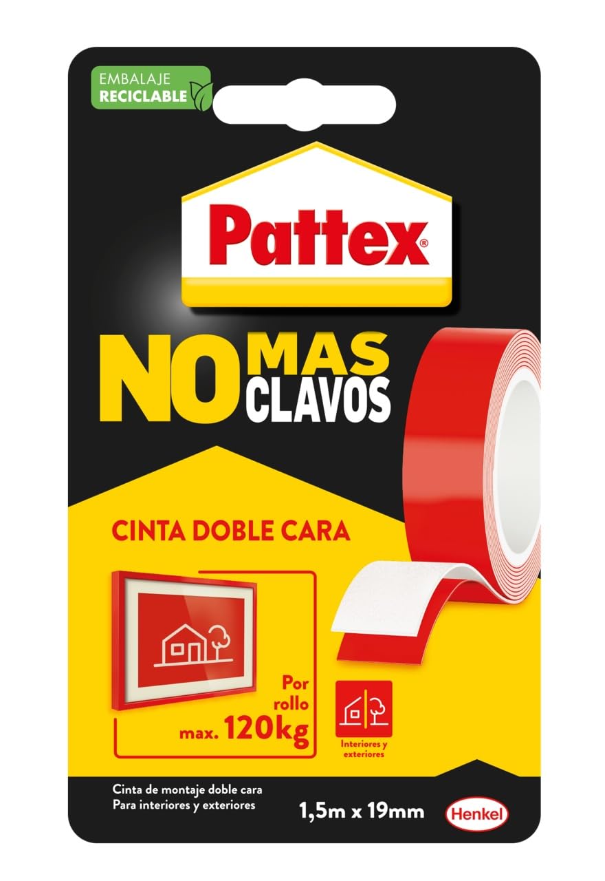 Pattex No Más Clavos Cinta, cinta adhesiva para aplicaciones permanentes, cinta de doble cara extrafuerte, adhesivo de montaje para interior y exterior, 19 mm x 1,5 m