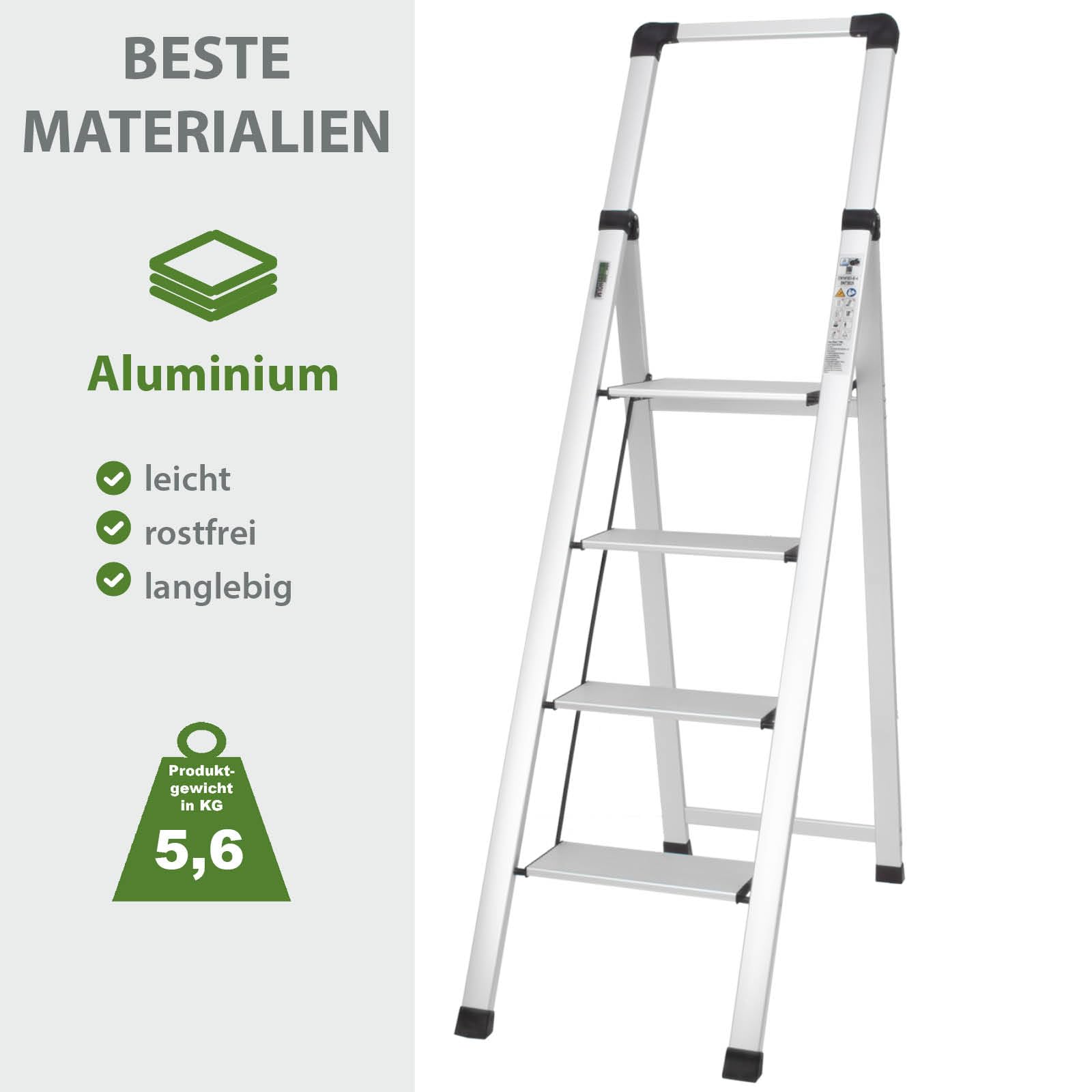 TRUTZHOLM Alu Trittleiter 4-stufig klappbar bis 150 kg Traglast Aluminium Silber Anti-Rutsch Trittflächen TÜV/GS Klapptritt 5,6 kg leicht platzsparend 5 cm schmal (Schwarz, 4 Stufen)