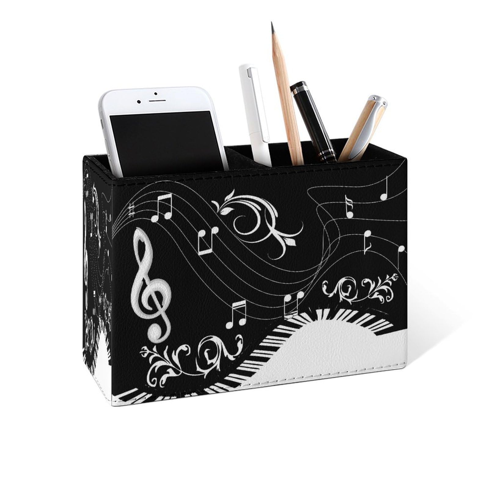 Famame Black Music Notes Keyboard Pencil Holder for Desk, Leather Desktop Container Pen Cup Storage Study Table Pen Organizer Makeup Brushes Holder for Office Home