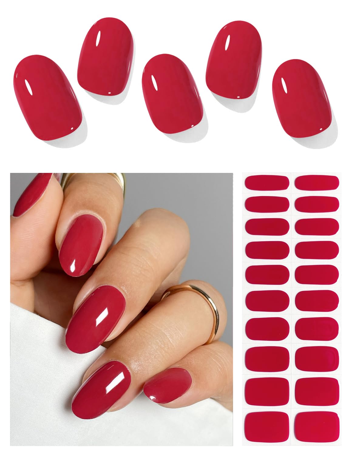 AutyaMee Semi Cured Gel Nail Strips (B Red), 20 Pcs Gel Nail Wraps, Stickers, UV Light Required, Salon Quality, Long Lasting