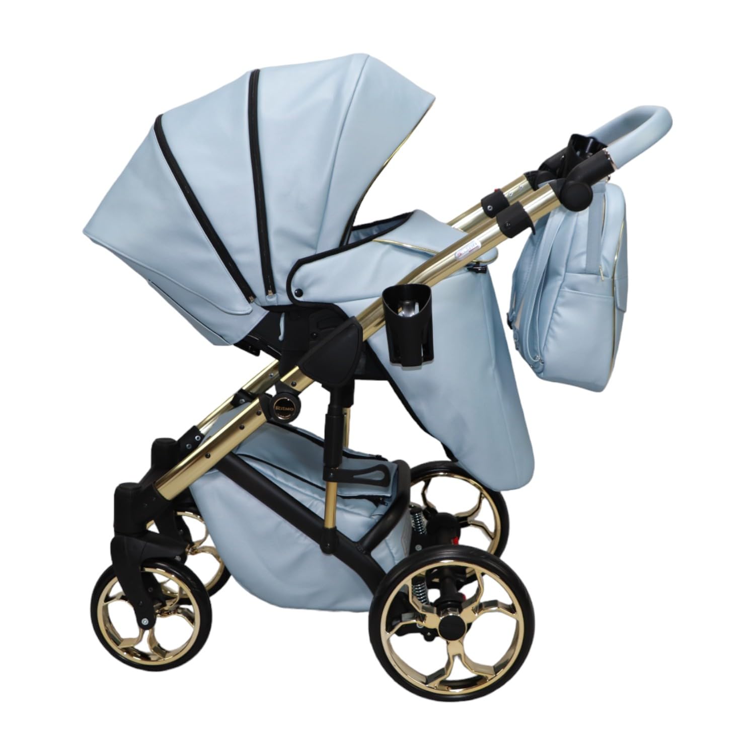 Passeggino Ritmo Trio BBtwin ecopelle con accenti dorati o argentati. Carrello 3 pezzi 3in1 eco-pelle completo di accessori. Blu