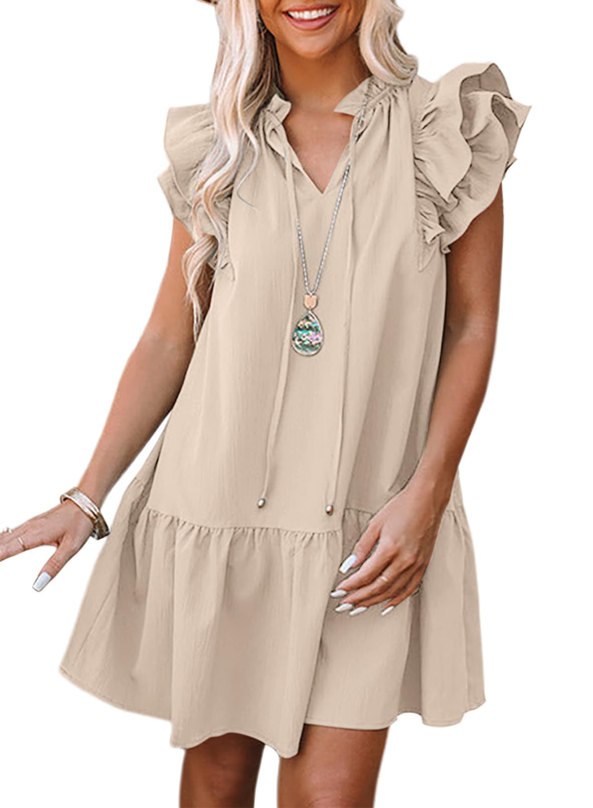 DokotooWomens Summer Dresses 2025 V-Neck Drawstring Ruffle Cap Short Sleeve Side Pockets Mini Dress Sundress