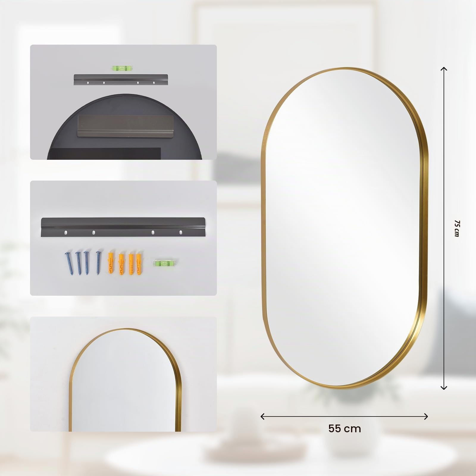 Melodieux Espejo de Tocador de Baño Dorado para Pared, Espejo de Pared Ovalado con Marco de Metal de 55x75 cm, Espejo Decorativo para Dormitorio, Sala de Estar, Entrada, Horizontal o Verticalmente