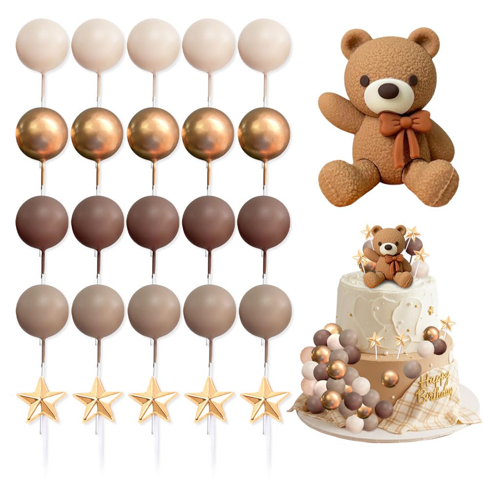 HMCEY 26 Pezzi Decorazioni Torta Orsetto,Teddy Bear Cake Topper con Palline,Decorazione Torta Compleanno,Decorazioni Cupcake Baby Shower,Addobbi per Torte per Battesimo, Matrimonio - Marrone Scuro