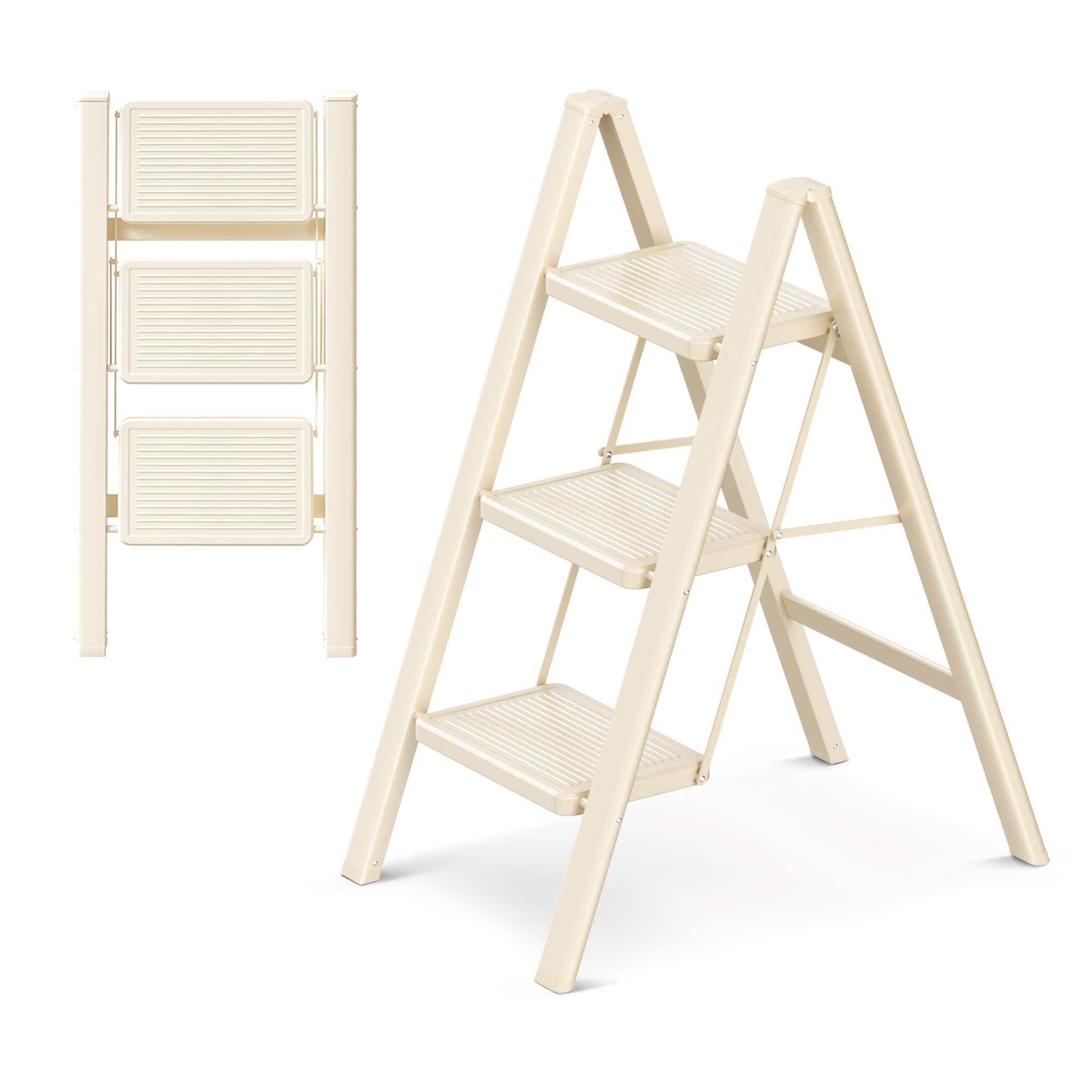 GameGem 3 Step Ladder Folding Step Stool with Wide Anti-Slip Pedal, 330LBS Capacity, Lightweight Portable Stepladder for Home and Kitchen Use, Cream White