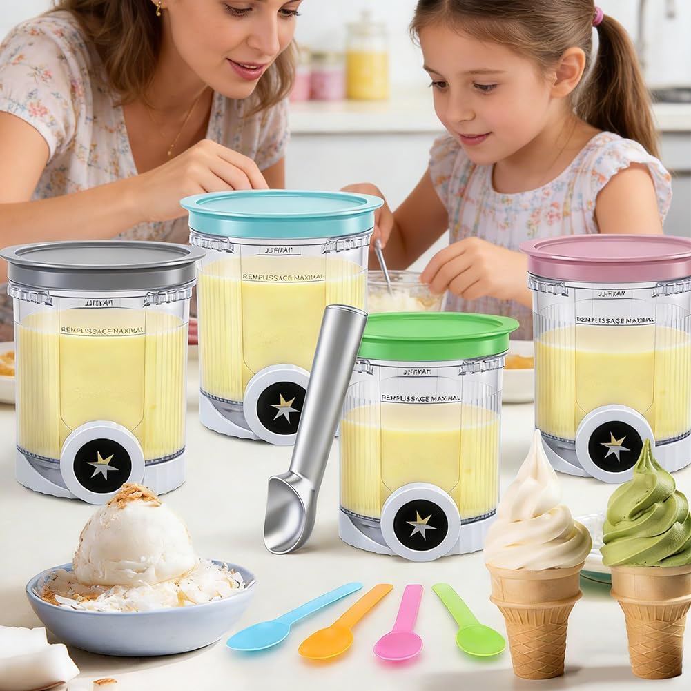 Lot de 4 récipients pour Ninja Swirl Creami 480 ml, pour série NC700 NC701EU, sans BPA, passent au lave-vaisselle, récipients à crème glacée, avec couvercle, compatibles avec les accessoires de