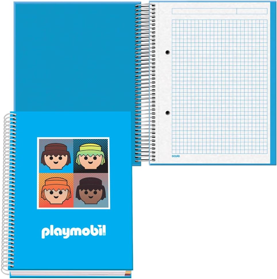 DOHE - A5 Squared Notebook - Spiral Binding, 100 Sheets of 90 g/m², 5 mm Square, Hardcover, Playmobil Core, School Supplies - Blue