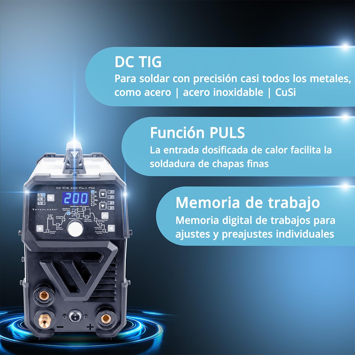 STAHLWERK Soldadora combinada 2 en 1 DC TIG 200 Puls Pro hasta 200 A | TIG & MMA (MMA/ARC), función de pulso, memoria de trabajos, Hotstart, para chapa fina, acero, acero inoxidable, cobre & latón