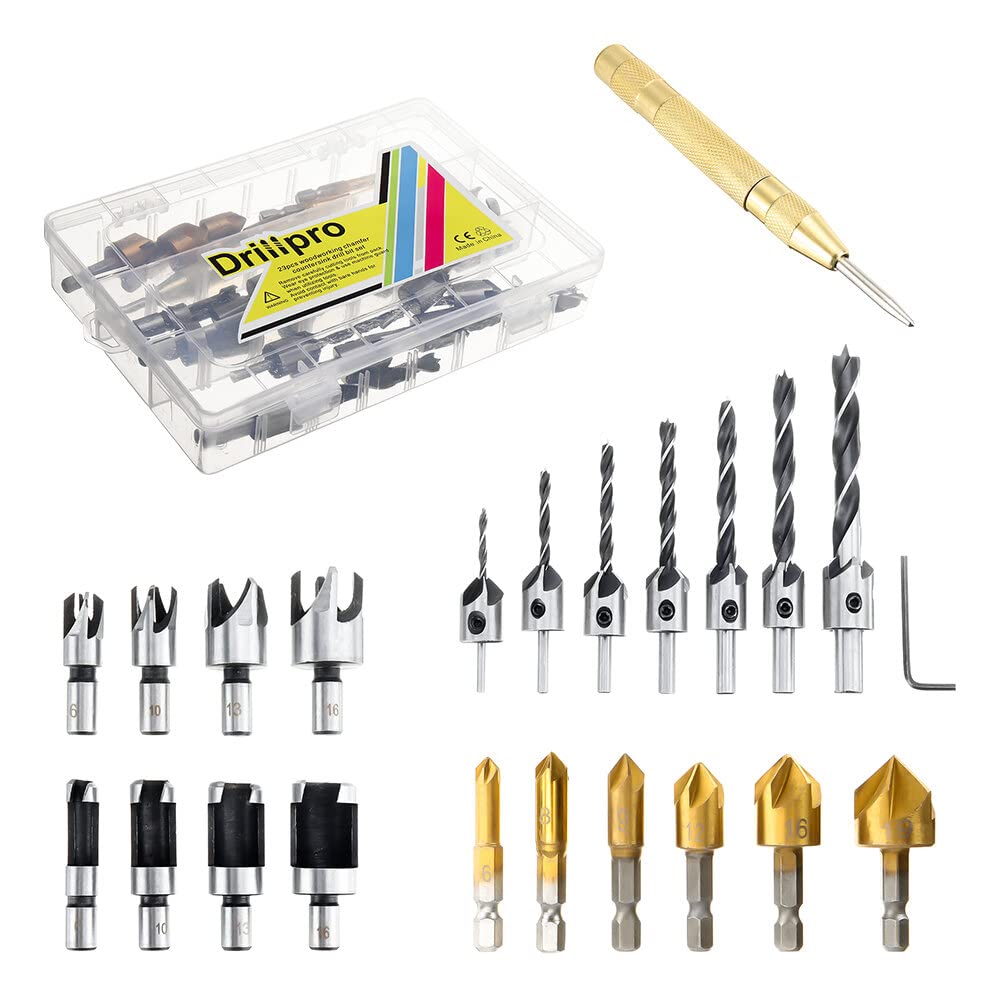 VIDOO Juego de 23 Brocas Avellanadoras Carpintería 5 Flautas Punzón Automático