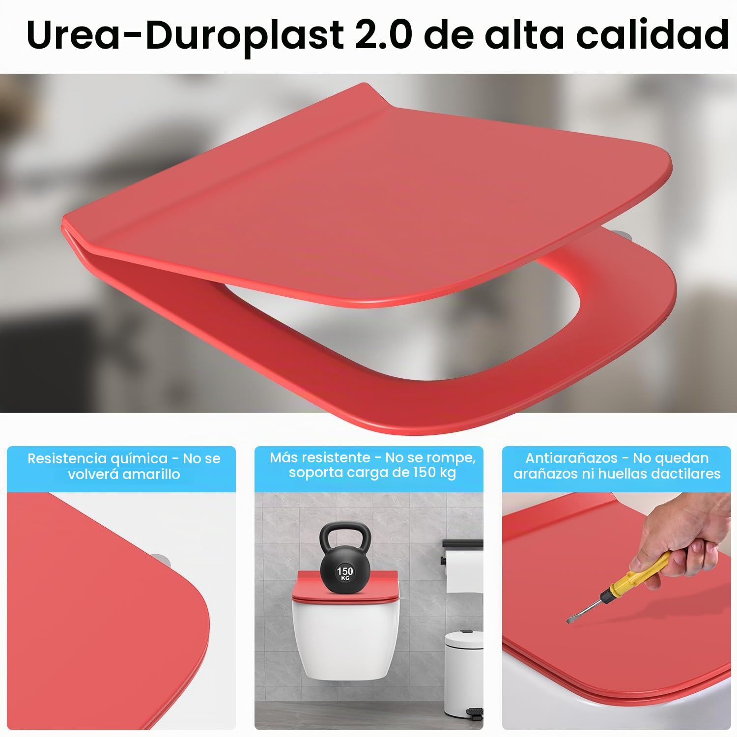 Tapa WC Forma Cuadrado Ultrafino [CORTO], Asiento de Inodoro Cuadrado con Cierre Suave y Liberación Rápida para una Fácil Limpieza, Rojo, 42,5 * 34,5 cm