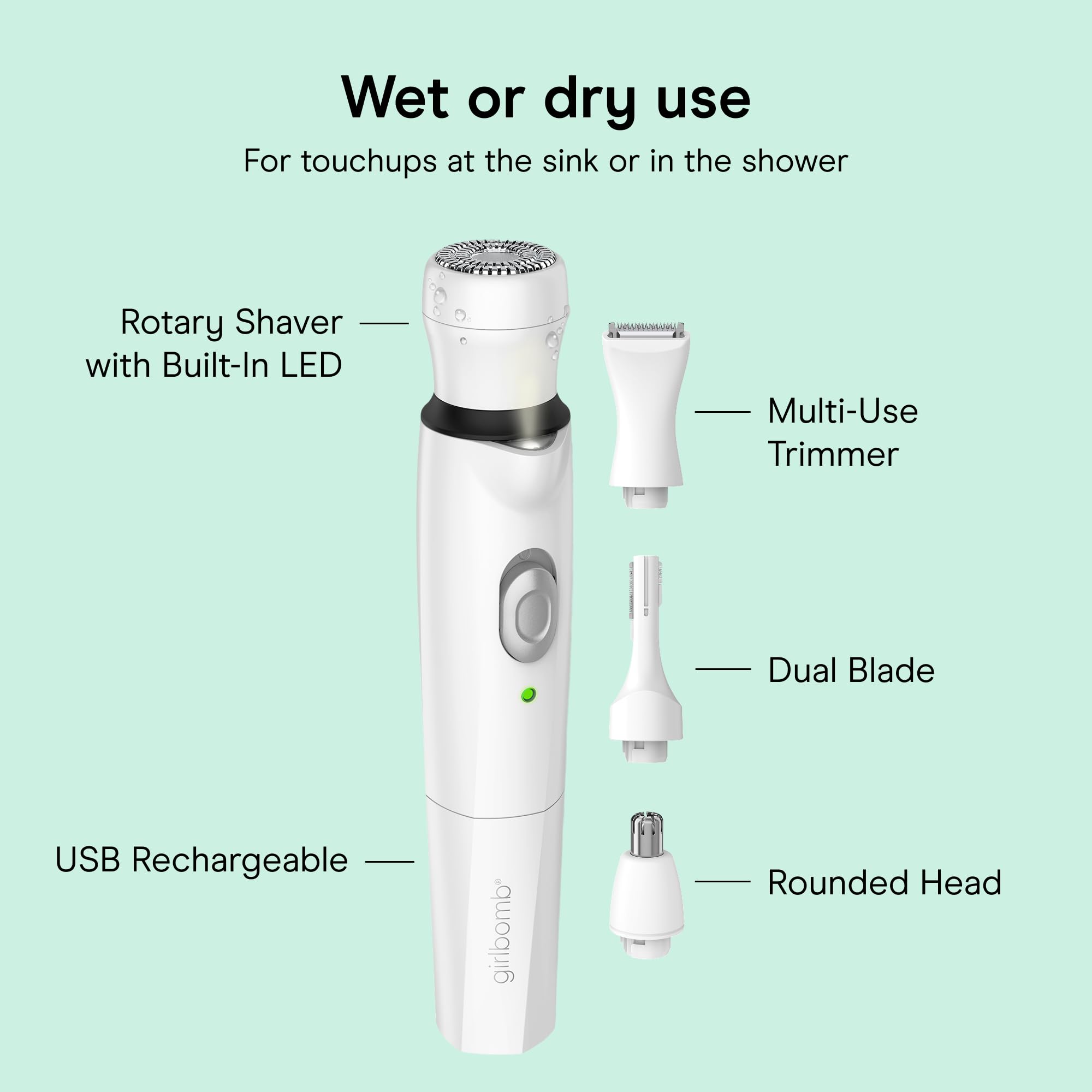 Conair GIRLBOMB Tondeuse et rasoir tout-en-un pour le visage et le corps pour femme, humide/sec, rechargeable