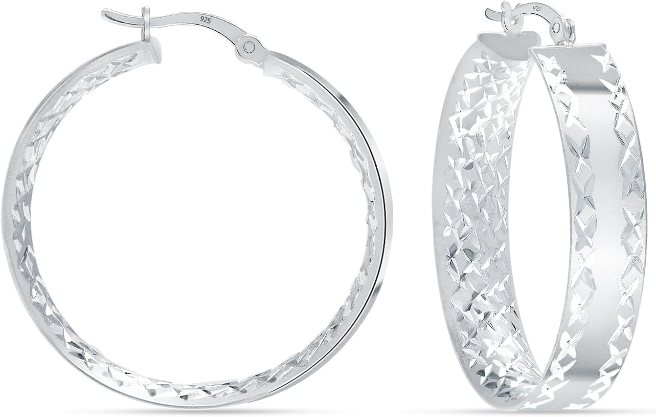 LeCalla Sterling Silver Jewelry Diamond-Cut Hoop Earring for Women