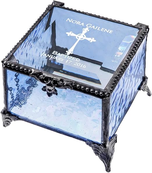 Baptism Gift for Girls Personalized Keepsake Box Blue Stained Glass Engraved Cross Jewelry J Devlin Box 837 EB222