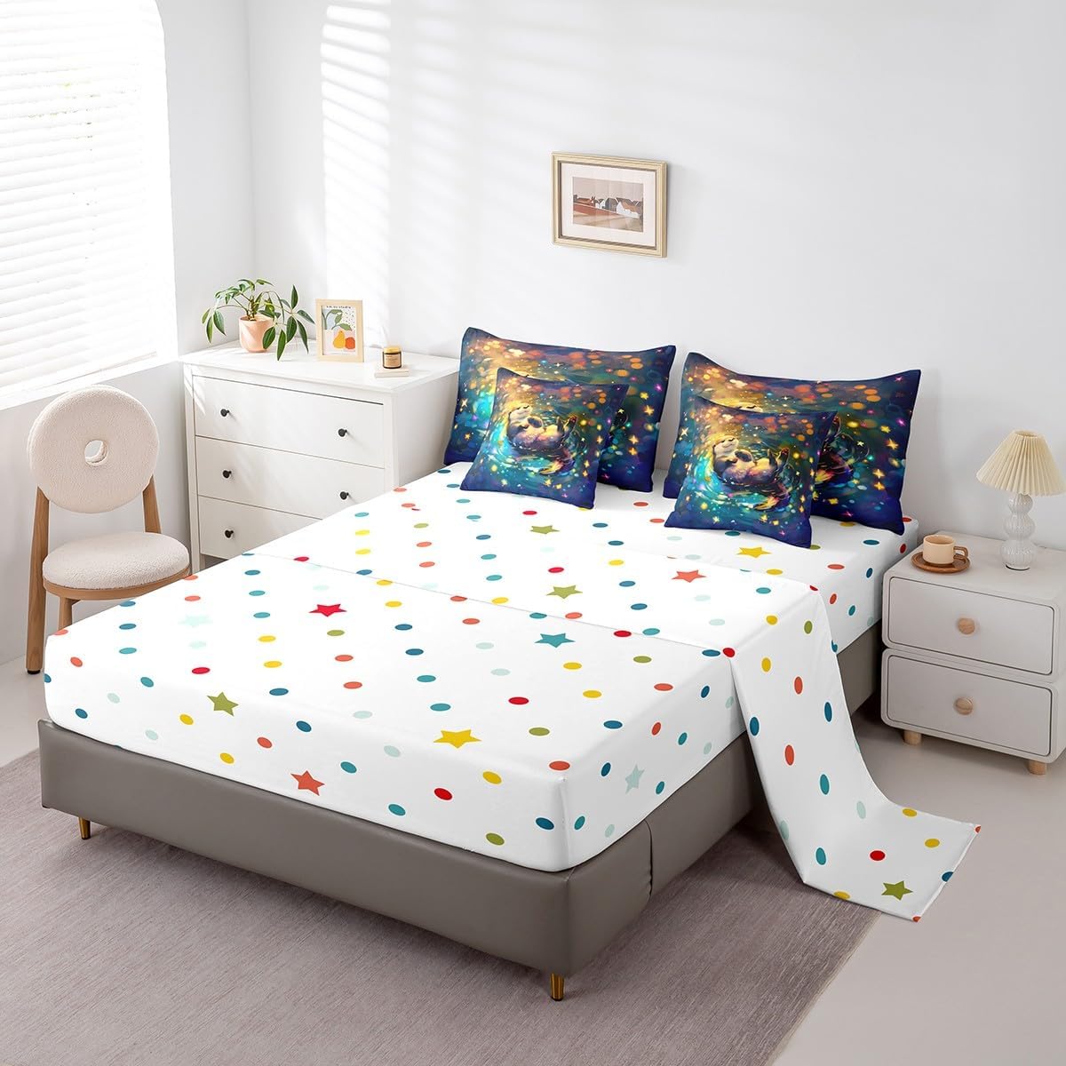 7 Pieces Cute Otter Kids Comforter Twin,Stars Galaxy Pond Animals Rustic Farmhouse Bedding Set,Cartoon Sea Otter Romantic Blue（Comforter+Fitted+Flat Sheet+2 Pillowcases+2 Throw Pillow Covers）