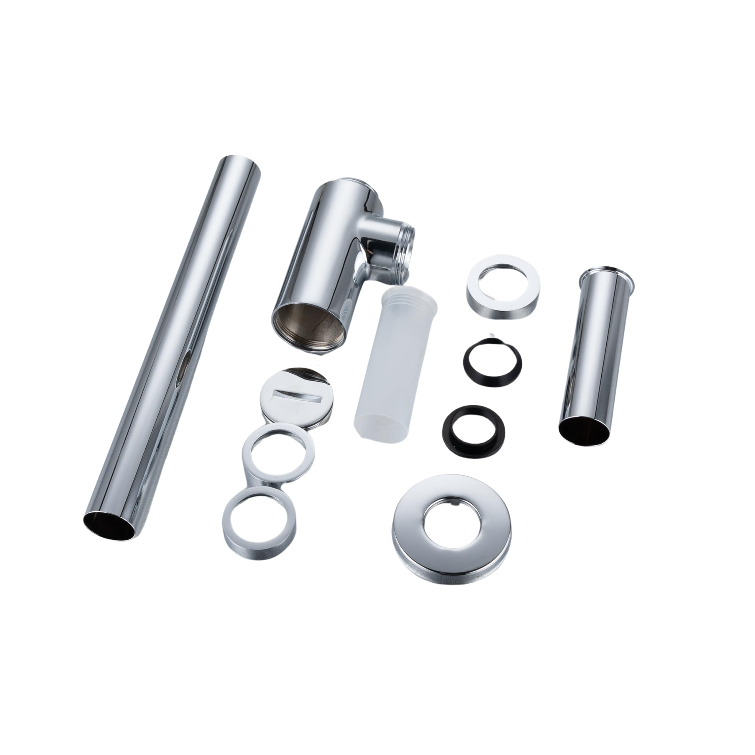 AQUAUNO - Sifón redondo para botella de lavabo de latón cromado G1 1/4 – Desagüe universal para baño, tapón de olor, altura ajustable, resistente a la corrosión, con apertura de limpieza