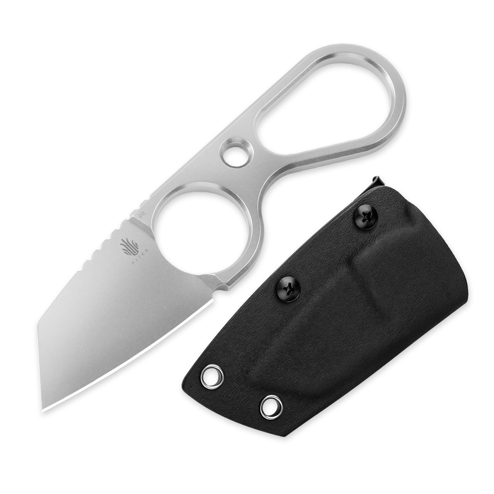 Bowtie Small Fixed Blade Knife with Sheath, Mini D2 Steel EDC Hunting Knife, 5.83 Inches Stonewashed Neck Knives for Men Women, Silver Survival Camping Knives, 1061A1