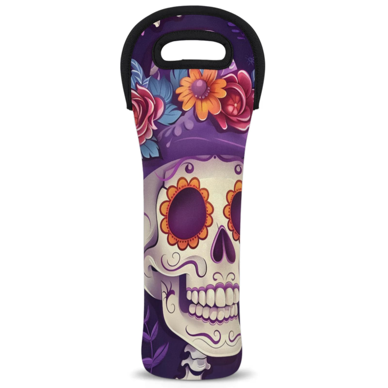 Neoprene Wine Tote Carrier Bag for Wine,Water, Champagne, Beer, Baby Bottles 15.6 x 5.1 Inches, Protective Wine Bag,Mexican Floral Skull
