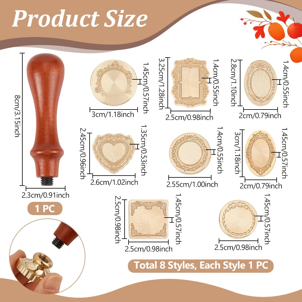 UNICRAFTALE 8 timbri in metallo dorato, 8 stili, forme miste, con manici in legno, per fai da te, sigilli di cera, timbri, artigianato, inviti e confezioni regalo, 20-30 mm