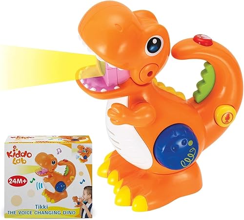 KiddoLab Tikki The Dino - Juguete de dinosaurio con cambiador de voz, grabación, micrófono de reproducción y luz colorida para niños pequeños.
