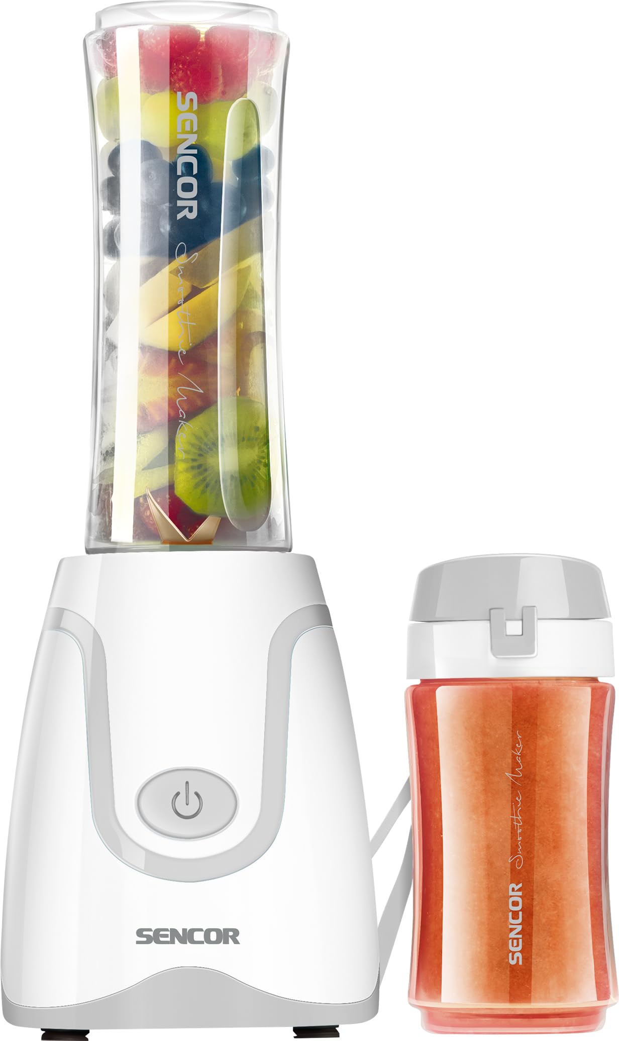 Sencor Smoothie Mini Ultra mocny blender 500 W, 2 butelki Tritanu 0,6 l i 0,3 l bez BPA, długie ostrza odporne na rdzę, do smoothie, zup i innych - biały
