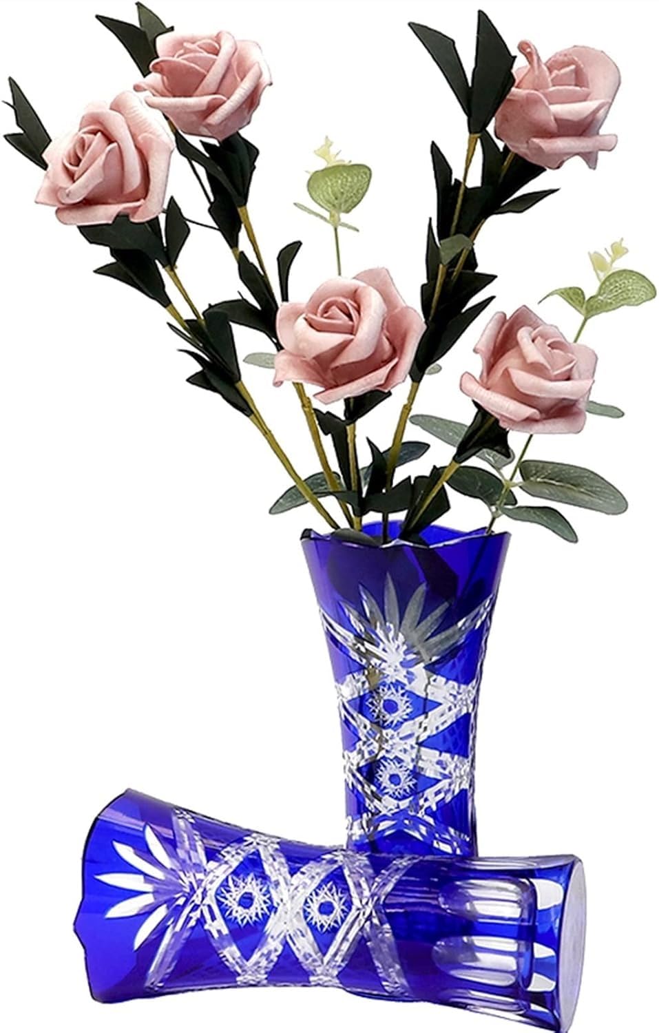 Mengli-99 - Florero elegante de estilo checo bohemio de cristal azul cortado a mano para decoración de cristal transparente, jarrón de flores con patrón de grabado