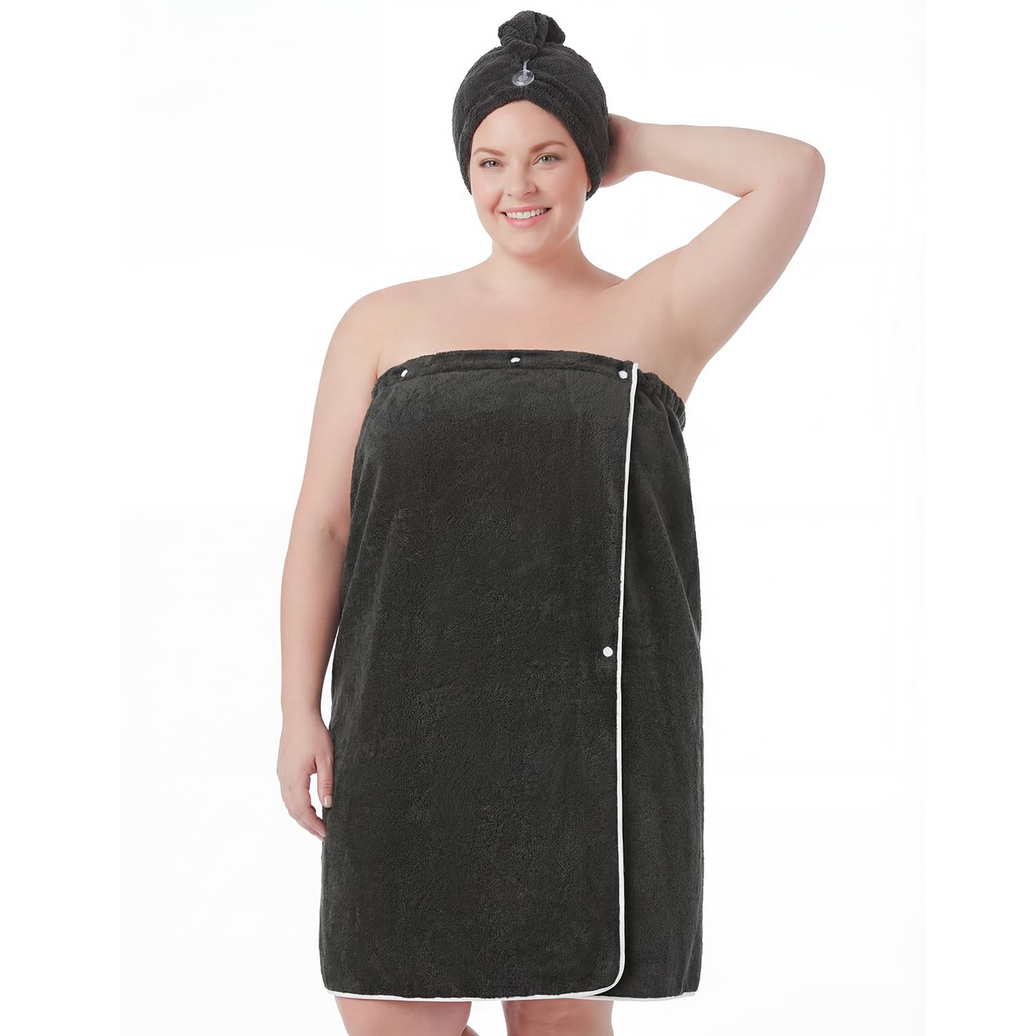 H HomeZzz Towel Wrap for Women Plus Size (2XL-4XL) with Hair Towel Wrap, Microfiber Bath Wrap Soft & Comfortable Absorb Water Body Wrap Oversized Button Design, Charcoal