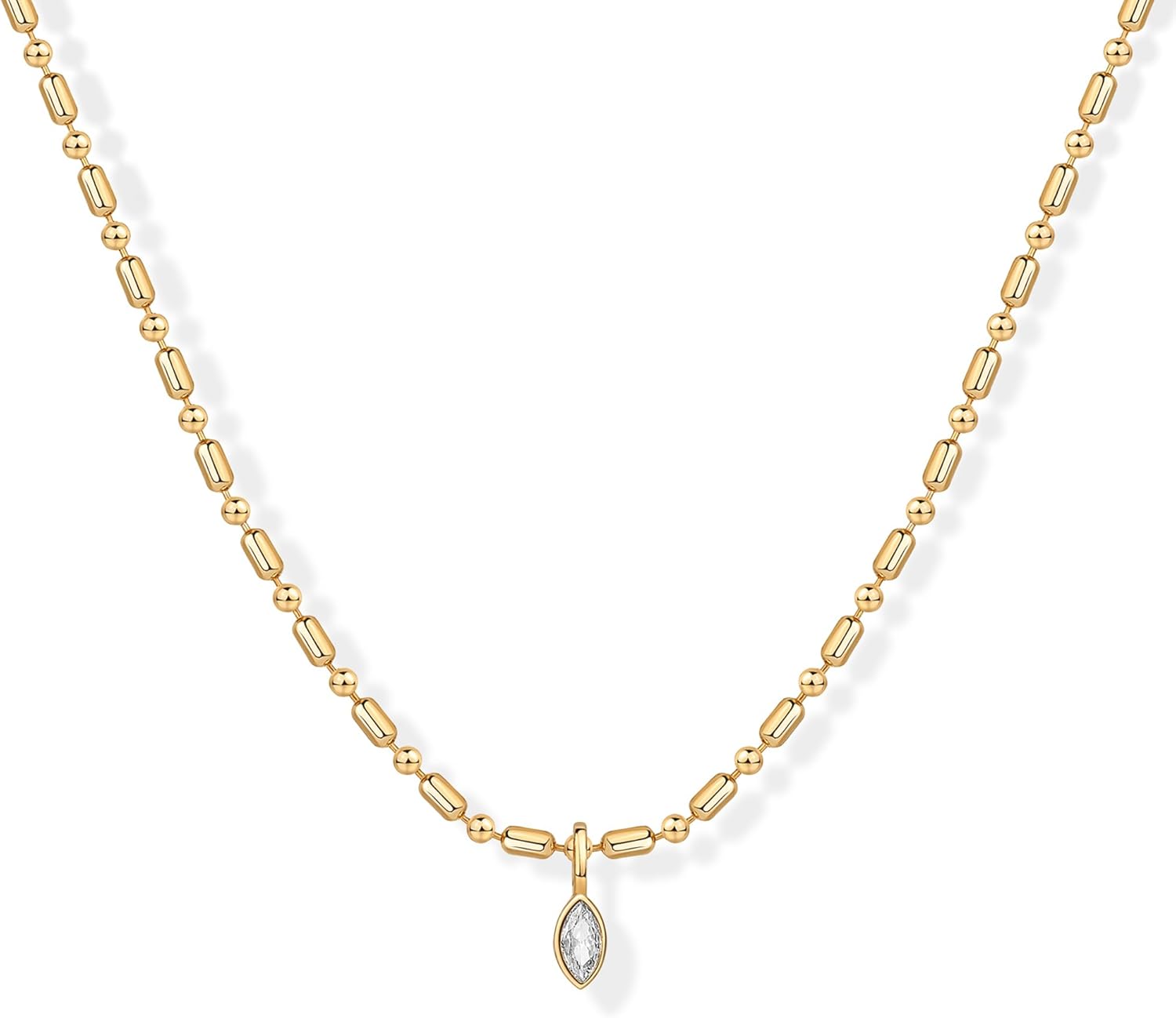 PAVOI 14K Gold Plated Dainty Tube Ball Square Beaded Chain Bezel Set Solitaire Pendant Necklace for Women | Round Princess Marquise Cubic Zirconia Statement Necklace