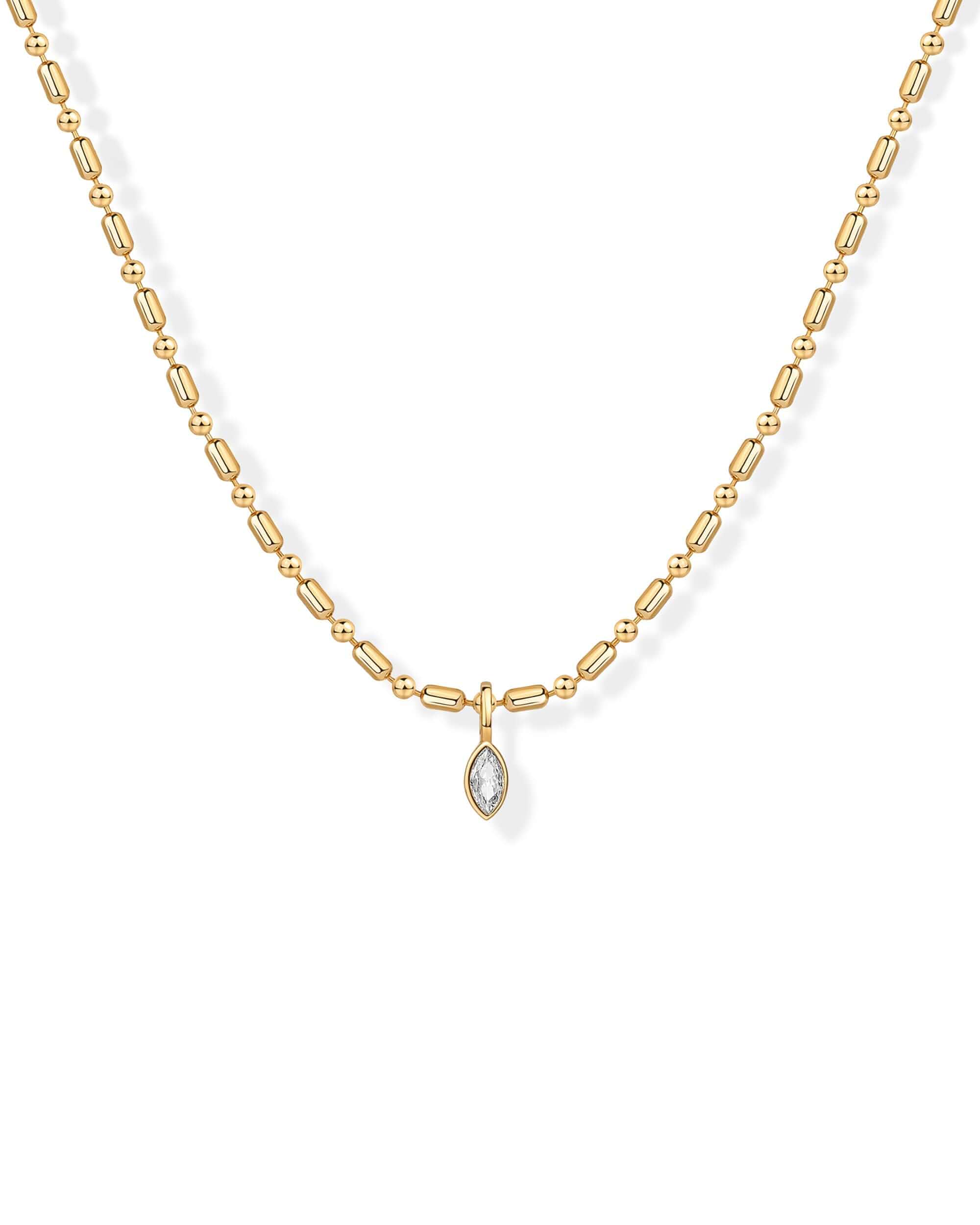 PAVOI 14K Gold Plated Dainty Bezel Set Solitaire Pendant Necklace for Women Beaded Chain Necklace, Statement Necklace with Round, Princess, Marquise Cubic Zirconia Pendant