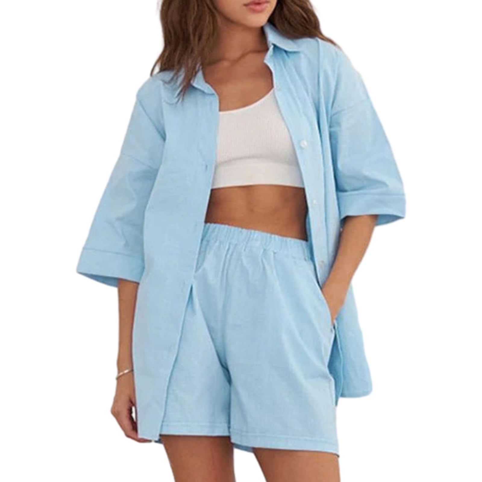 Juakoso Women 2 Piece Oversized Lounge Sets Button Down Long Sleeve Blouse Shirt Solid Color Shorts Suits Trendy Tracksuit