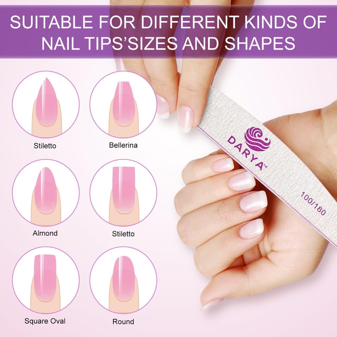 DARYA Limas de uñas (12 piezas) de doble cara de grano 100/180 para uñas, acrílicas, limas de uñas naturales, duraderas, lavables, profesionales para uso doméstico y salón (grano 12, unidades, grano