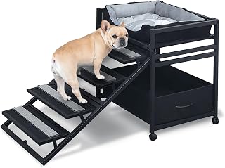 NAILDOKI Pet Steps 2-in-1 Foldable Stairs & Ramp with Cats/Dogs Chair with Ramp High Beds, Folding Pet Steps for Medium Small Dogs, Cat Ladder, with Storage Cabinet