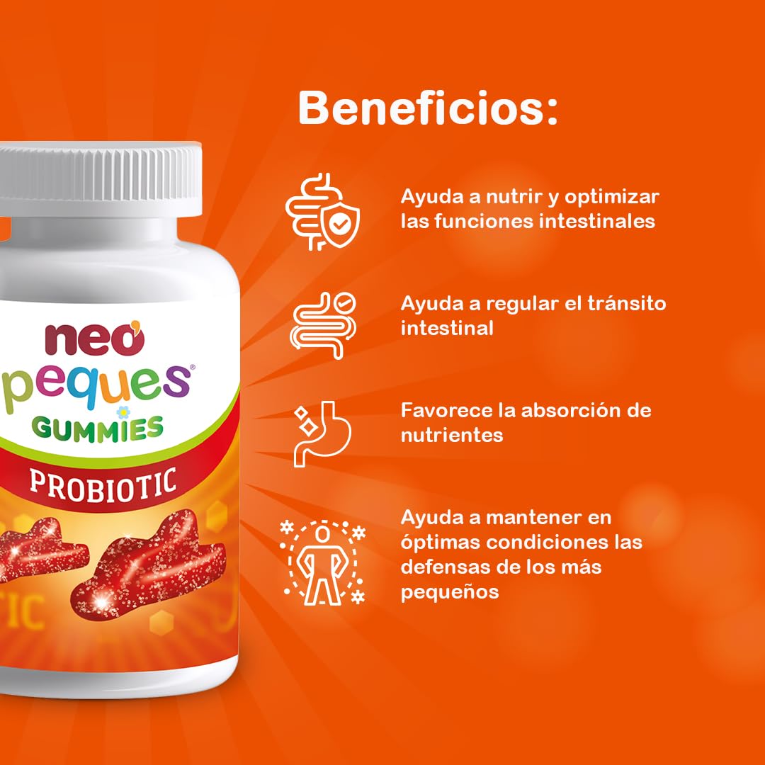 NEO PEQUES | Gummies Probiotic | 30 Gominolas | Beneficiosas para el Sistema Digestivo y las Defensas | Con Probióticos y Vitaminas del Grupo B | Caramelos Masticables para Niños | Sabor Fresa