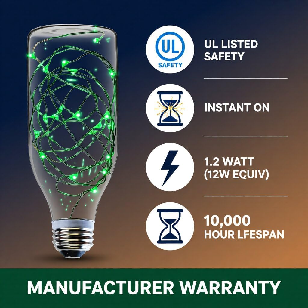 SleekLighting 1.2 watt LED Light Bulb - Bottle Fairy Light – General Purpose Green LED Light Bulb – UL Approved – Uses 1.2Watt of Energy, 110 Volts, Instant On, Average Life 10,000 Hours 2Pack