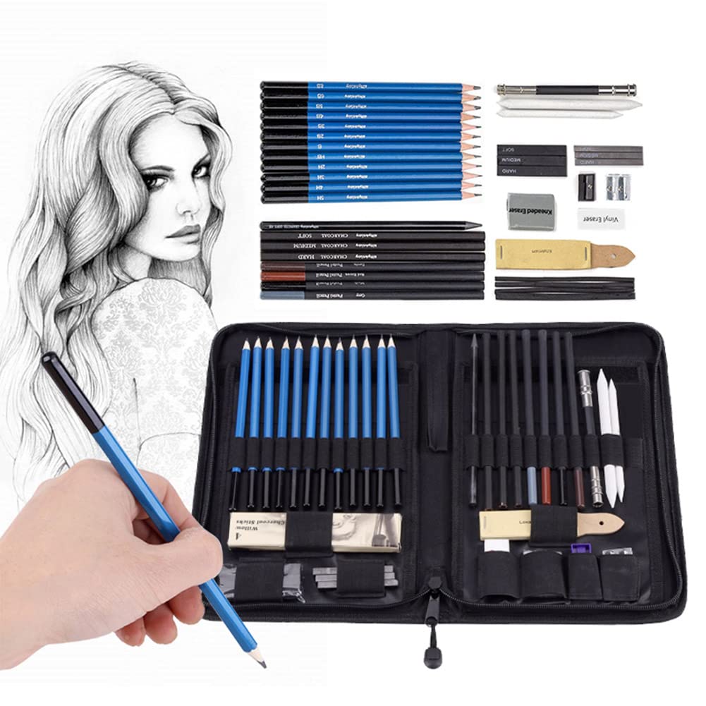 Set de crayons à dessin pour esquisses et dessins, avec outil fusain et sac pour l'enseignement en art, peinture et dessin.