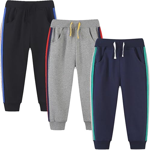 GFQLONG Paquete de 3 pantalones deportivos elásticos con cordón para bebé, de algodón, dinosaurio, con bolsillos