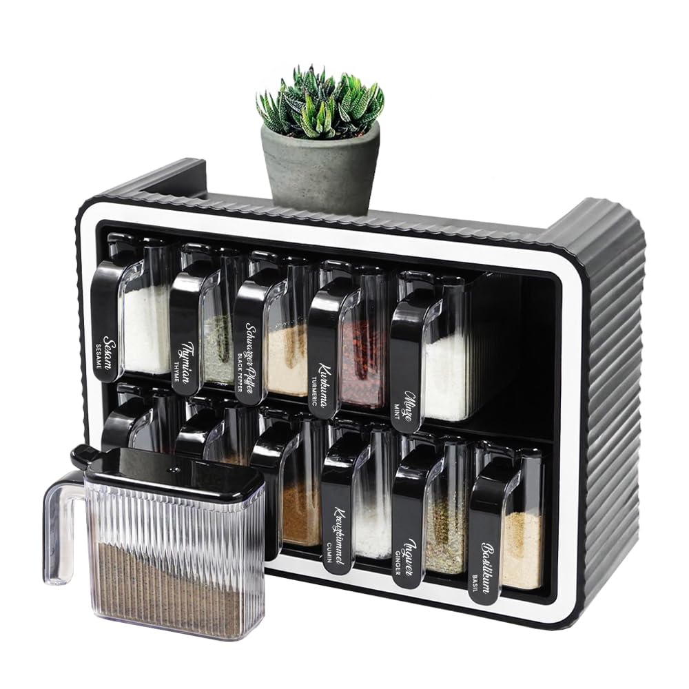 Kulplus Lot de 12 pots à épices avec support, autocollants, avec poignée et cuillère, sans BPA, pour cuisine et plan de travail, 300 ml