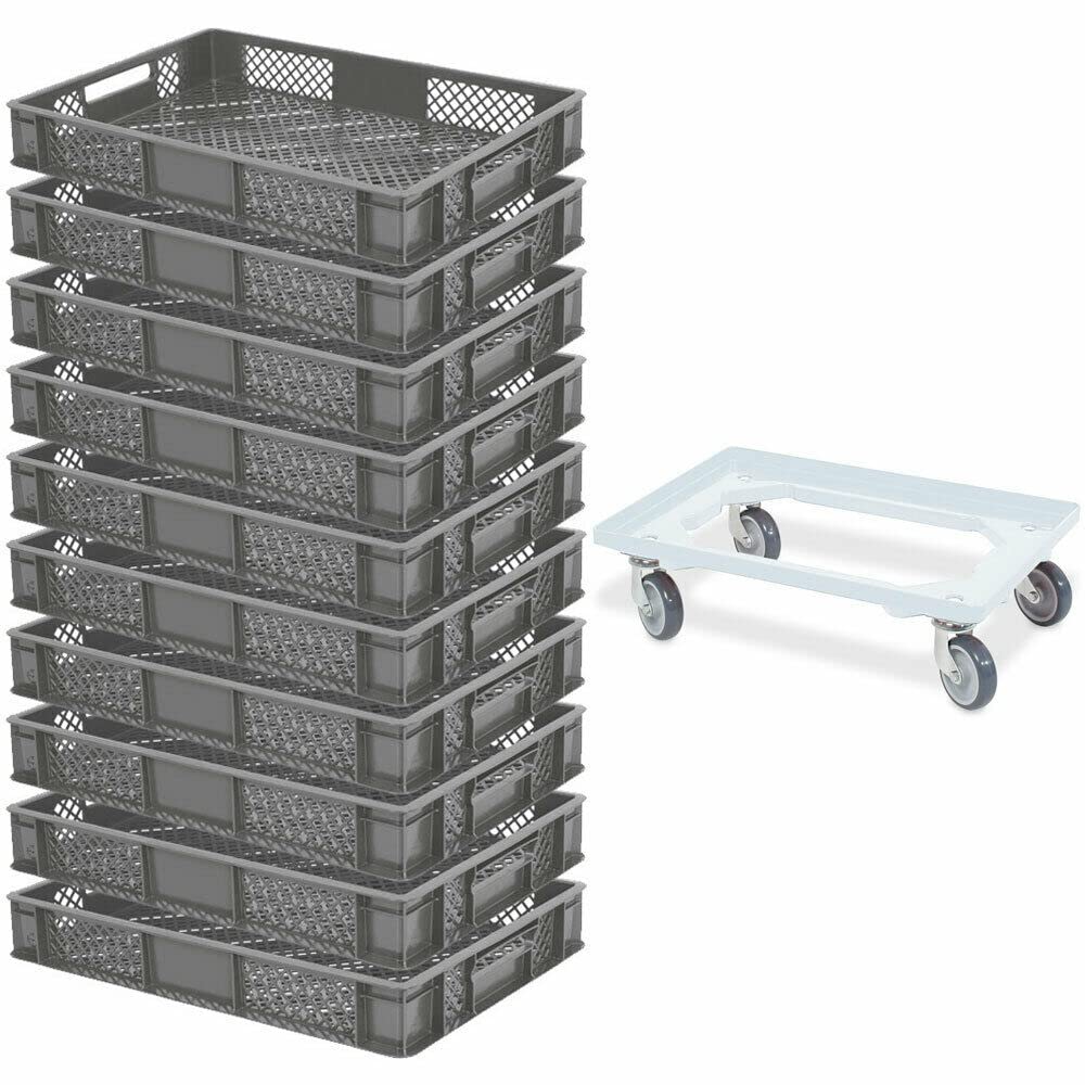 10 pojemników euro, dł. x szer. x wys. 600 x 400 x 90 mm, jakość przemysłowa, nadaje się do kontaktu z żywnością, szary + 1 wózek transportowy, biały
