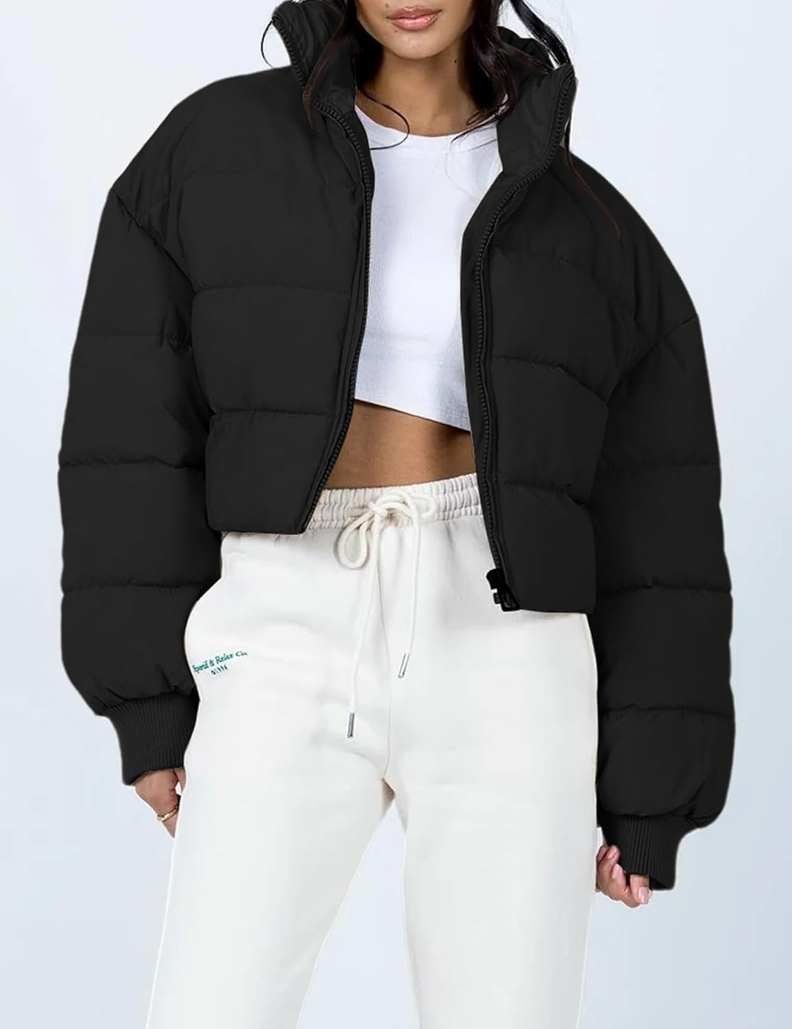 Gihuo Women's Winter Puffer Jacket Cropped Lightweight Zip Up Padded Coat Oversized Stand Collar Short Quilted Jackets - Image 2