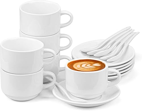 Hedume Paquete de 6 tazas de espresso de 5 onzas con platillos y cucharas, juego de tazas de café espresso apilables para bebidas de café