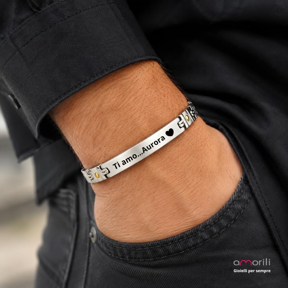Bracciale Uomo Personalizzabile con Incisione in Acciaio Inox ed Elementi in Oro, Incidi Frasi Simboli Date e Nomi, Gioiello Personalizzato per Marito Fidanzato Compagno, Idea Regalo per Lui