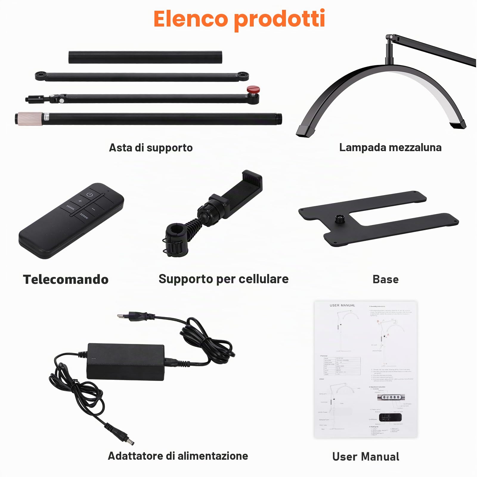Andoer Lampada per ciglia a mezzaluna, 3200-5600 K, dimmabile, pavimento con supporto luminoso e telefonico, telecomando per trucco, estensioni ciglia, fotografia