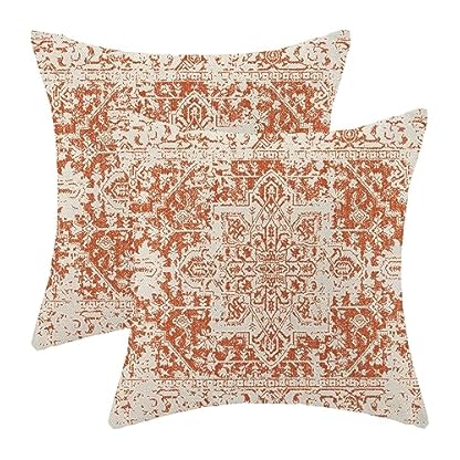 Boho-Kissenbezüge, 45,7 x 45,7 cm, 2er-Set, ethnisches Design, Boho-Dekokissen, Leinen, orangefarbenes Teppichmuster, Bauernhaus, Bohemian-Kissenbezüge für Sofa, Couch, Outdoor-Dekoration