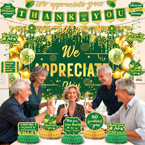 Image of We Appreciate You Party Decorations Green Gold Thank You for All You Do Banner Honeycomb Centerpieces Hanging Swirls for Office Employee Pastor Teacher Doctor Graduation Appreciation Party Decor