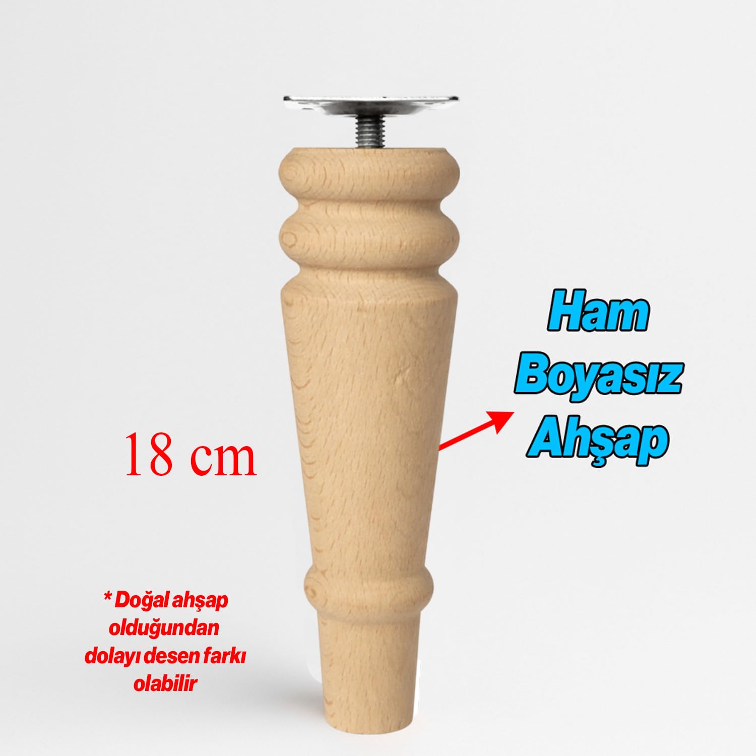 (4 Adet) Bohem 18 cm Doğal Boyasız Ahşap Ayak Silindir Mobilya Koltuk Kanepe Ayağı & Montaj Aparat