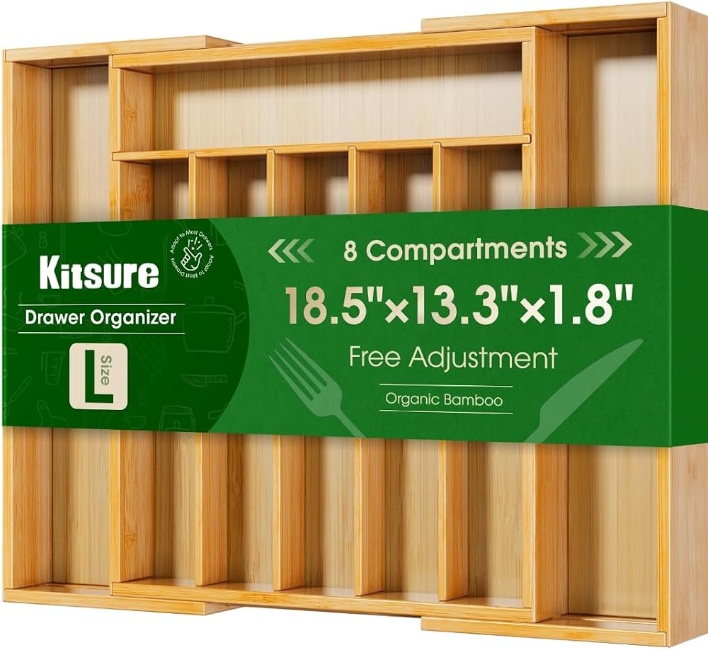 Kitsure Silverware Organizer, Bamboo Kitchen Drawer Tray, Natural, Large
