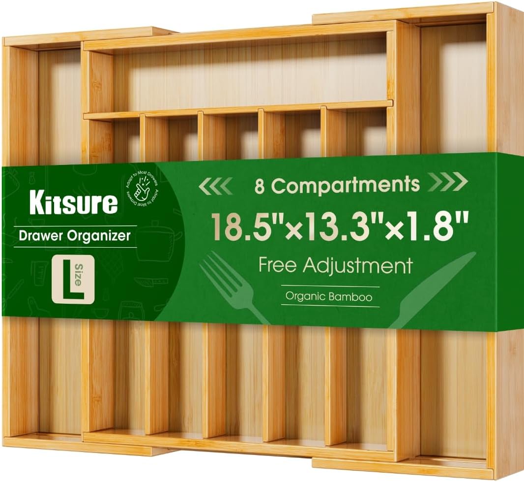 Kitsure Silverware Organizer - Expandable Bamboo Kitchen Drawer Organizer for Cooking Utensils and Cutlery, Sturdy & Thickened Kitchen Organizers and Storage Solution, 18.5"×13.3"×1.8" Natural Large