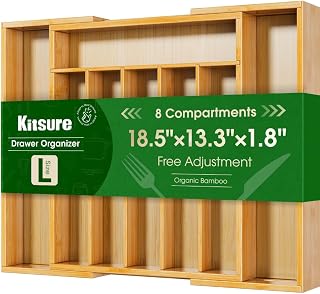 Kitsure Expandable Bamboo Silverware Organizer - Adjustable Kitchen Drawer Tray for Utensils & Cutlery, Sturdy Natural Bamboo, Large