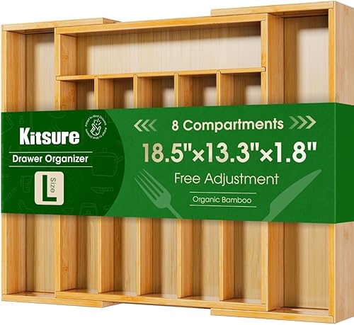 Kitsure Organizador de cubiertos  Organizador de cajones de cocina de bambú expandible para utensilios de cocina y cubiertos, organizadores de